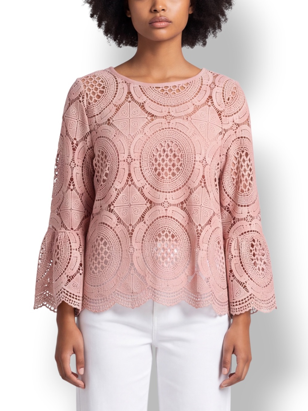 4/$20 INC International Concepts Blush Crochet Lace Bell Sleeve Blouse Large